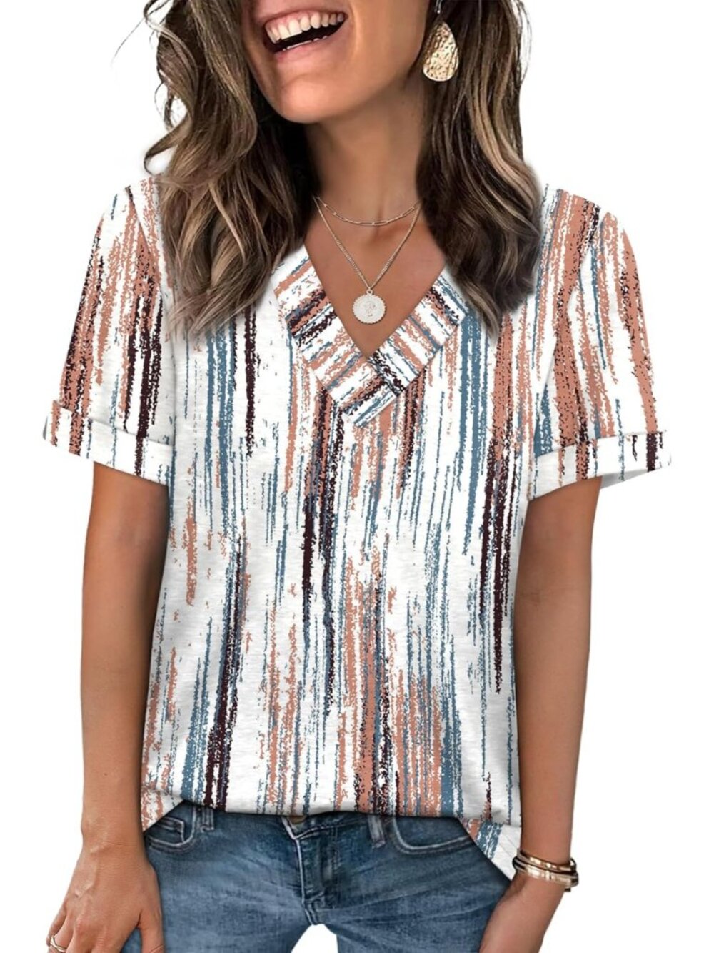 🆕Women's Brown Diy Tops Short Sleeve Basic Casual V Neck T Shirts Trendy